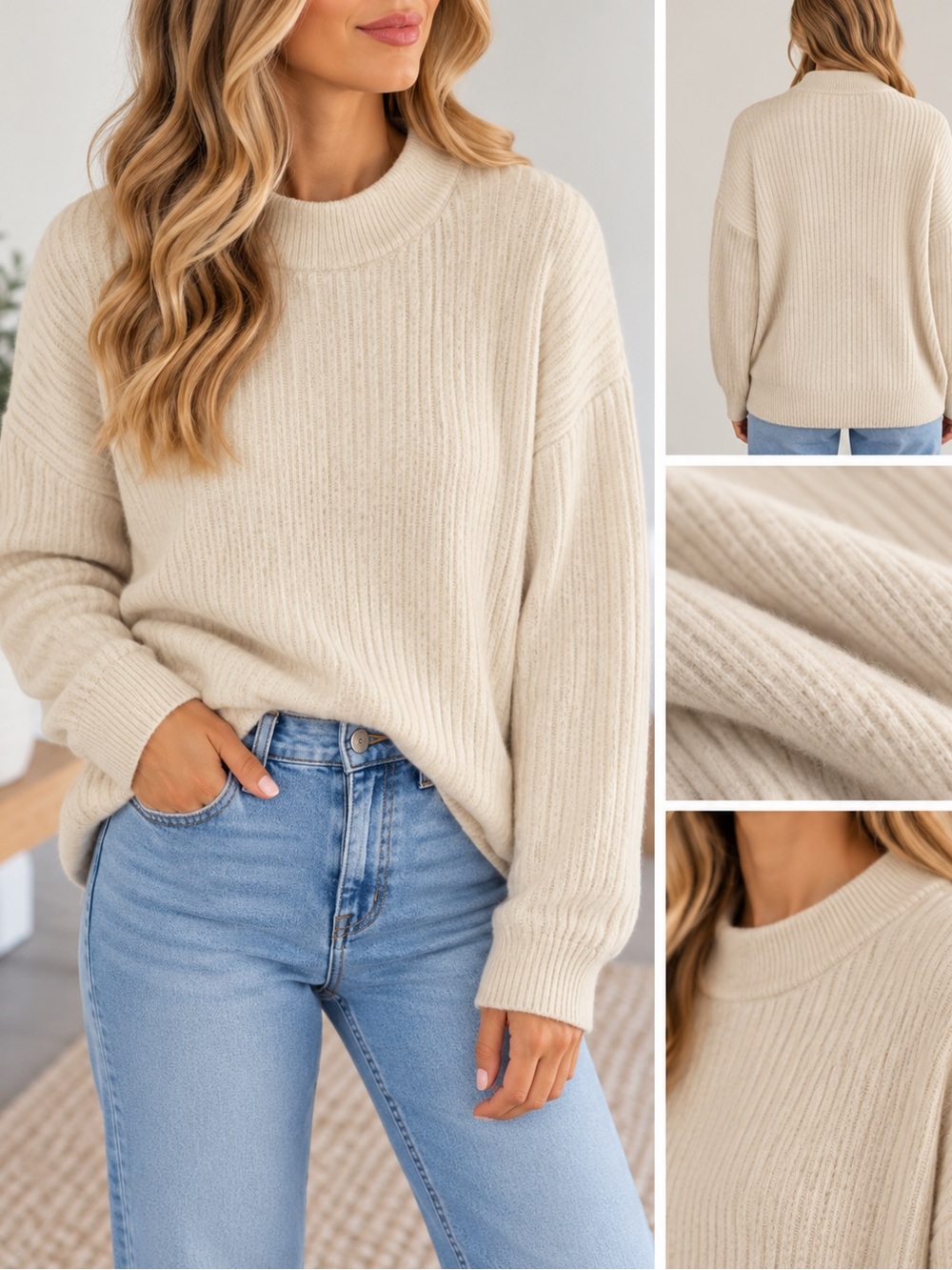 H&M Cream Ribbed Crew Neck Sweater